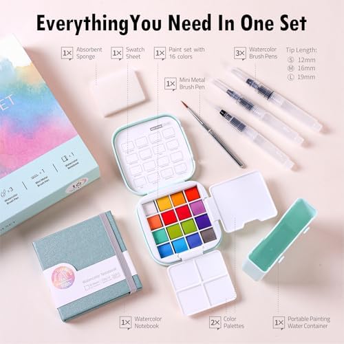 Mini Watercolor Paint Set, Compact Travel Art Kit with 16 Colors