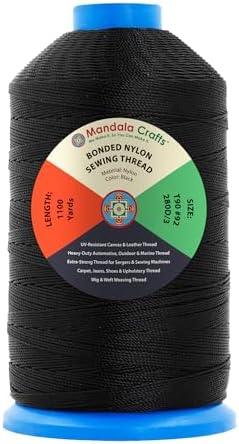Mandala Crafts Size 92 280D T90 Black Bonded Nylon Thread, 1100 YDs
