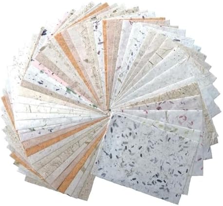 50 Sheets A4 Mulberry Paper, Natural Fiber Paper with Pressed Leaves,Flowers,Grass Thin Washi Craft for Card Making, Scrapbooking, Journaling, Origami & DIY Art(Natural leaves etc,, A4)