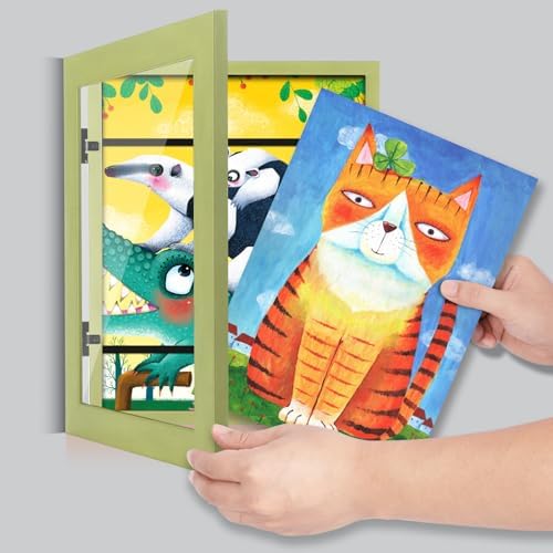 [2-Pack] Kids Art Frames, 8.5x11 Front Opening Kids Artwork Frames Changeable, Soft Yellow Green Artwork Display Storage Frame for Wall, Holds 50 Pcs, for 3D Picture, Crafts, Children Drawing, Hanging