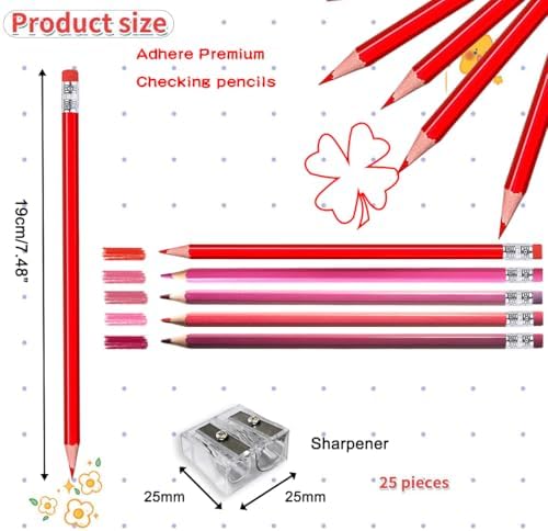 Adhere 25pcs Checking Pencils Erasable colored Pencils Pre-Sharpened #2 HB,for Checking Tests Grading,Map Coloring, editing Office Favors,including a Free sharpener. (Mixed Pink+Red)