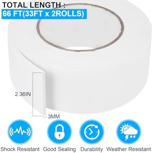 Double Sided Foam Tape 2.36In x 33FT 2 Pack, Mounting Tape Heavy Duty, Strong Adhesive Weatherproof Seal Strips for DIY Craft Picture Poster, Car & Gap Filling Mountings, Home Office Decor (White)