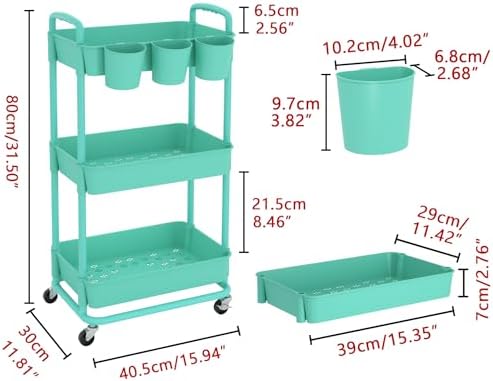 JIUYOTREE 3-Tier Plastic Rolling Storage Cart Utility Cart Green