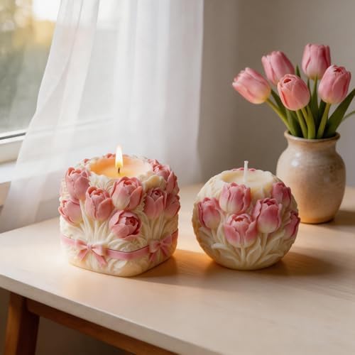 2 PCS 3D Tulip Flower Ball Silicone Candle Molds for Soap Resin Home Decor