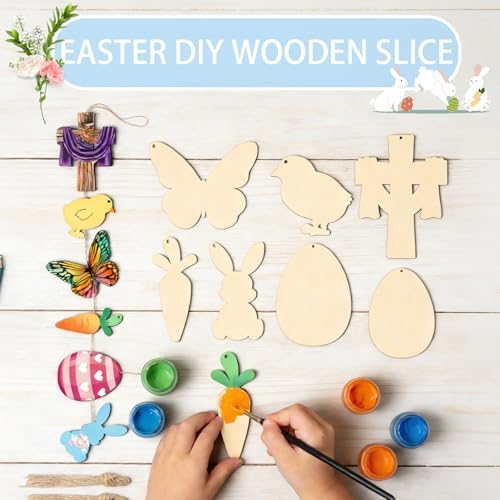 48Pcs Paintable Wooden Easter Ornaments Unfinished Wood Cutouts for Crafts DIY Eggs Bunny Butterfly Chick Carrot Painting for Crafts Hanging Wood Slices Spring Party Decoration