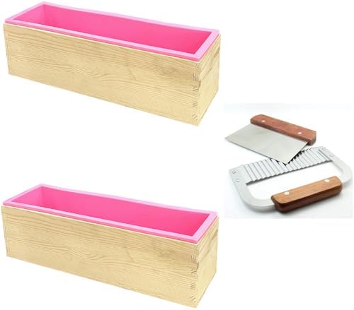 2Pcs Soap Silicone Mold Wood Box with 2Pcs Soap Mold Cutter,Pink