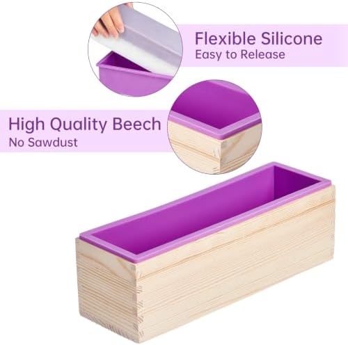 Soap Molds Kit, 42 oz Silicone Soap Loaf Mold with Wooden Box, Soap Making Kit for Homemade Soap and Crafts (Purple, 2 Silicone Mold and Wood Box)