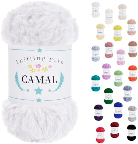 CAMAL Soft Faux Fur Yarn for Crocheting Blanket, 65 Yards Chunky Eyelash Yarn for Knitting Hats, 100 Grams Fuzzy Velvet Crochet Thread for Dolls, Earmuffs, Bags (White)