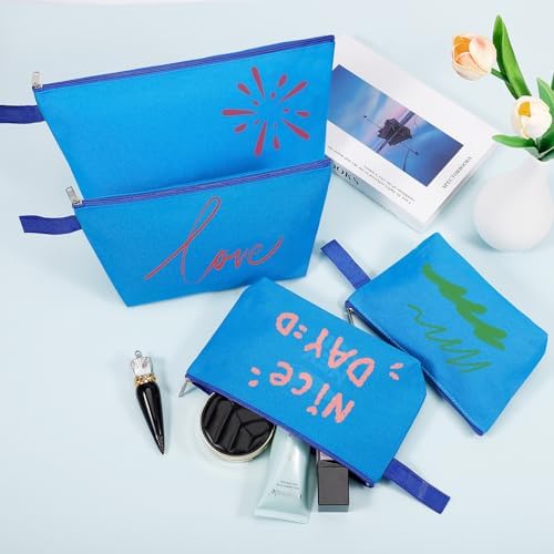 10 Pieces Cotton Canvas Makeup Bag with Bottom and Strap, Multi-Purpose Cosmetic Bag with Zipper Travel Toiletry Pouch, Blank DIY Craft Bag (Blue, XS)