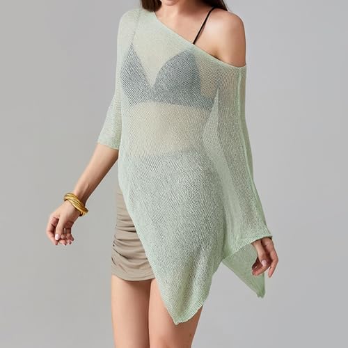 Women Sheer Knit Poncho Top Beach Cover Up Lightweight Crochet Shrug Y2k Summer See Through Shawl