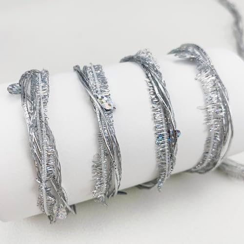 Artisanal Yarn Collection Multifiber Multicolored Fancy Yarn with Laser Sequins for Knitting Crocheting Crafts DIY, Set of 3 Rolls (Laser Silver)