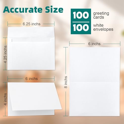 100 Pack White Blank Cards and 100 Pack Envelopes 4x6, Note Greeting Cards and Envelopes Set, Folded Cardstock with Self-Seal Envelope for DIY Greeting Thank you Cards, Invitations in All Occasions