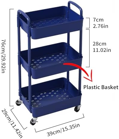 Sywhitta 3-Tier Plastic Rolling Utility Cart with Wheels for Storage,Blue