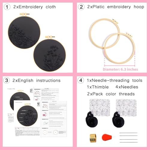 Armindou Black Flowers Embroidery Kits for Beginners Adults, Floral Hand Embroidery Set Needlepoint DIY Kit, Stamped Cross Stitch Kits for Beginners Adult, 2 Embroidery Hoops (Attached Video Tutorial)