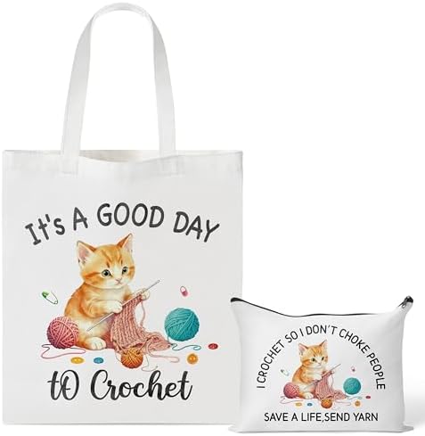 Y1tvei Crochet Canvas Tote Bag - 2Pcs Cosmetic Pouch Tote Bag Reusable Grocery Folding Shopping Bag for Crocheters Women