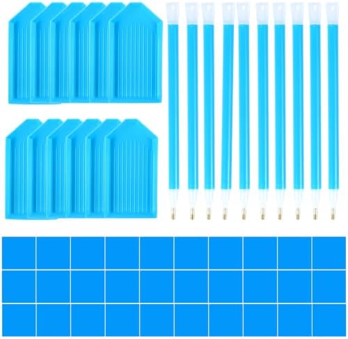 52PCS Blue 5D Diamond Art Tools & Accessories - 12-Plastic Trays, 30-Glue Clays, 10-Diamond Pens & DIY Kit Accessories