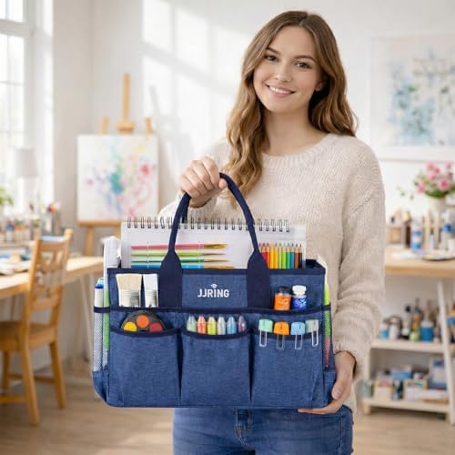 JJRING Large Art Supply Storage Tote Bag With Mesh Pockets, Blue