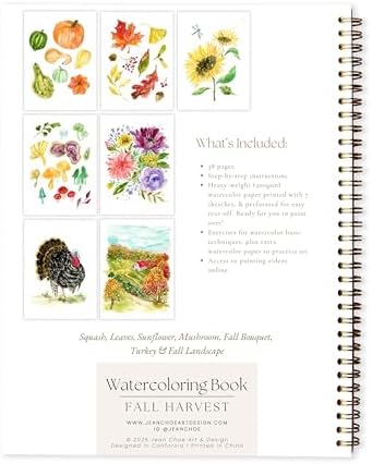 Fall Watercolor Workbook for Beginners – Pre-Outlined Autumn Designs on 300gsm Cold Press Paper, Step-by-Step Instructions & Online Videos – Spiral Bound DIY Art Book for Adults & Teens