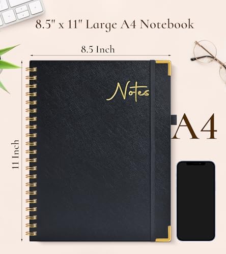 Hardcover Spiral Notebook Journal 8.5” x 11”, A4 Large Leather Notebooks for Women Men, Lined College Ruled Notebook, 100 GSM Paper, Spiral Bound Journals for Work School Note Taking Business, Black