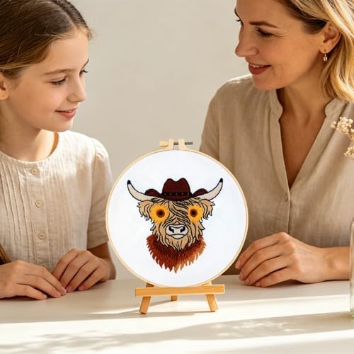 Highland Cow Embroidery Kits for Beginners Adults, Animal Hand Embroidery Starters Kits, Stamped Cross Stitch Kits DIY Needlepoint Kits for Beginners Adults, Embroidery Hoop, Thread and Video Tutorial