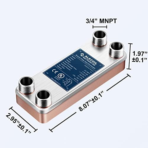 3"x8" 10 Plates Heat Exchanger with 3/4" MPT Port Water to Water 316L Stainless Steel Brazed Plate Heat Exchanger for Water Heating, Floor Heating, Commercial and Industrial Refrigeration