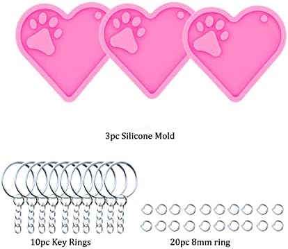 3pc Shiny Heart with Paw Cutout Resin Silicone Molds, Keychain Mould Crafts Epoxy Resin Art DIY with 10PC Key Ring(DY0404+DY0404+DY0404)