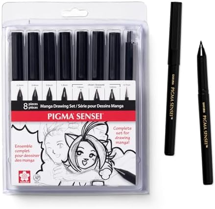 SAKURA Pigma Sensei Manga Drawing Kit, Black, Assorted Nibs, 8 Pack