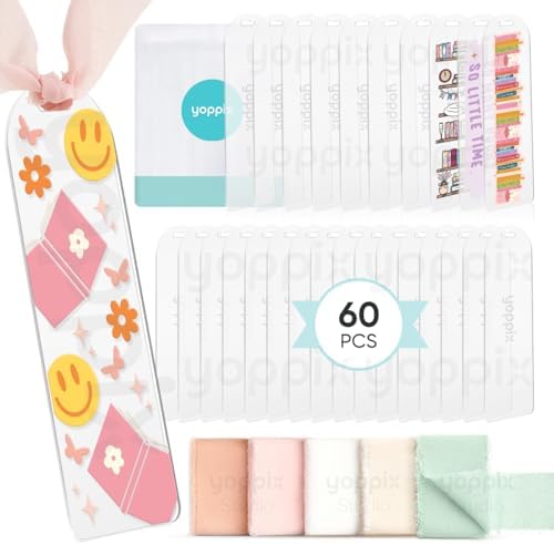 YOPPIX 60 Pieces Acrylic Bookmark Blanks- 6x2”Acrylic Bookmarks with 60 Pcs Ribbon for Reading Lovers DIY Crafts Hanging Tag Gifts Tag Price Tags, Graduation Back to School Gifts(Semicircle)