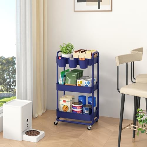 JIUYOTREE 3-Tier Plastic Rolling Storage Cart Utility Cart Blue