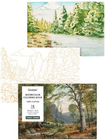 Grabie Watercolor Coloring Book, 15 A5 Cotton Sheets, Forest Themed