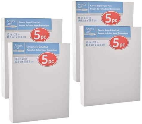 Artist's Loft 5 Count (20 Total) 16” x 20” White Super Value Canvas - Acid Free Cotton Canvas for Paint, Acrylic, & Oils - Bulk 4 Packs