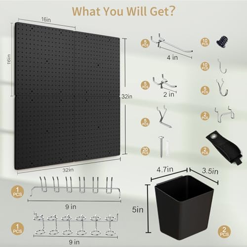 FZK Modular Plastic Peg Board Wall Organizer Kit, 16x16, Black