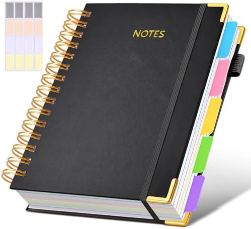 Hardcover Spiral Notebook journal with Removable Dividers Tabs, 300 Pages Leather 5 Subject Notebook College Ruled, 100GMS A5 Notebooks for Work School Note taking,Lined Journal for Women,A5-Black