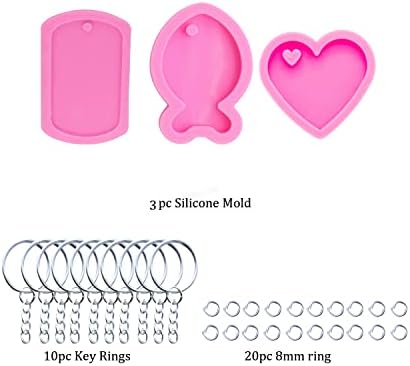 3pc Glossy Resin Silicone Fish Molds Pet Cat Tag DIY Necklace, Heart Mould Crafts Epoxy Mold with 10PC Key Ring(DY0054+DY0088+DY0405)