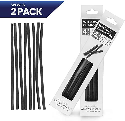 Pacific Arc 2 PACK Large Willow Charcoal Stick 4/Pkg, Soft, Black, Thick Willow Charcoal for Sketching and Drawing …