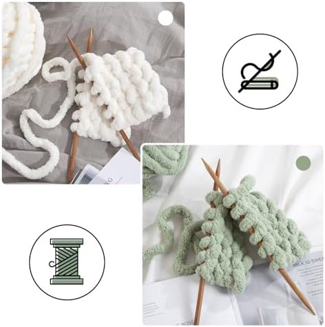 MABOZOO Assorted Chunky Yarn for Hand Knitting 8 Pack, Fluffy Jumbo Chenille Yarn, Soft Plush Yarn Bulky, Giant Thick Fuzzy Yarn for Arm Knitting,4 White & 4 Sage Green(31.7 yds,8 oz Each Skein)