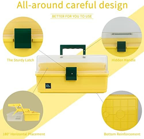 Creahaus 13 inch Art Craft Organizer Storage Box with 3 Layer, Multipurpose Plastic Tool Box with Handle for Sewing, Art Supply, Medicine, Nail, Hair Accessories (Yellow)