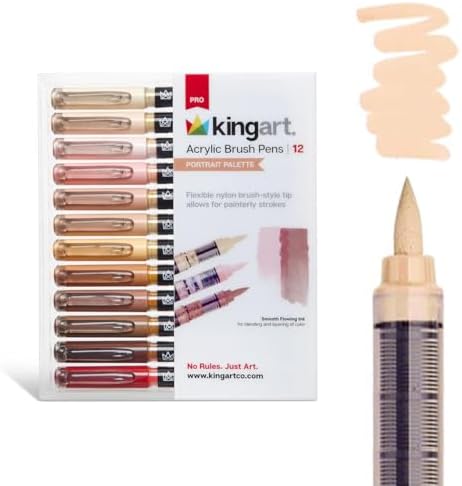 KINGART Acrylic Paint Markers Brush Tip, 12 Portrait Colors. Water-based, no-bleed, waterproof pens with automatic ink control for rock, egg, wood, fabric, glass & DIY crafts