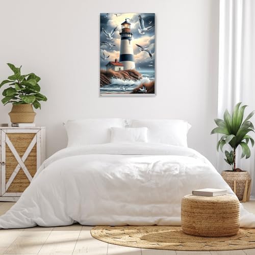 Bowetile Framed Paint by Numbers Lighthouse for Adults Beginners, Adults' Paint-by-Number Landscape Kits, Easy Adult Paint by Number Kits on Canvas, Acrylic Number Painting for Home Decor, 8x12in