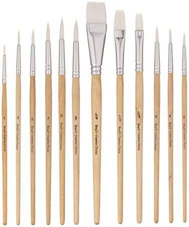 Jerry Q Art 12 PC White Synthetic Hair Round and Flat Paint Brush Set with Short Wood Handle for Acrylic, Watercolor and All Media JQ17931