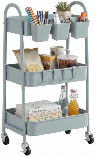 danpinera 3-Tier Rolling Cart, Utility Cart Mobile Metal Rolling Storage Cart with Lockable Wheels & Hanging Cups & Hooks for Kitchen, Bathroom, Office, Workshop, Gray Blue