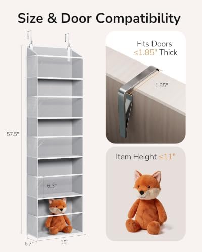 ULG Stuffed Animal Organizer Over the Door, Large Hanging Plush Toy Storage with Mesh Window, Cotton Kids Toy Organizer for Bedroom, Nursery, Playroom & Baby Items Clear Grey