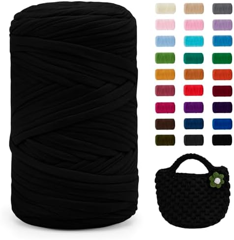 JeogYong T-Shirt Yarn, 400g/131 Yards Elastic Fabric Crochet Cloth T Shirt Yarn, Thick Hand Knitting Polyester Fabric Ribbon for Crocheting Bags/Baskets/Rugs, Home Decor, DIY Crafts (Black)