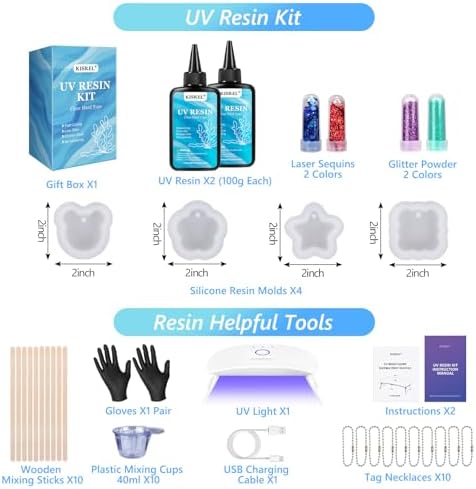 KISREL UV Resin Kit with Light and Molds - 200g Upgraded Bubble-Free Crystal Clear Hard Resina, Fast Curing Starter Supplies for DIY Jewelry Making, Earring, Keychain