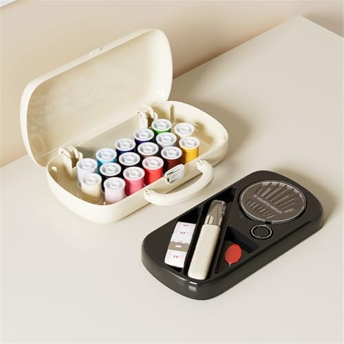 FKOG Sewing Project Kit, 151 Pcs Family Sewing Supplies Repair Organizer with Portable Retro Hard-Shell Case, 16 Multicolor Thread Spools, Needles, Buttons, and Accessories (Creamy White)