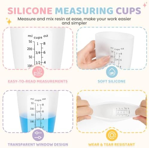 4Pcs Silicone Resin Mixing Measuring Cups 250ml / 8oz for Resin Supplies, Easy-to-Read Black Marks, Non-Stick Reusable Silicone Pouring Cups for Epoxy Mixing
