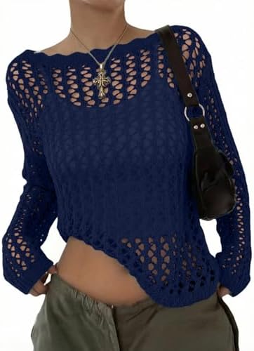 EVALESS Crochet Tops for Women Long Sleeve Hollow Out Knit Sweaters