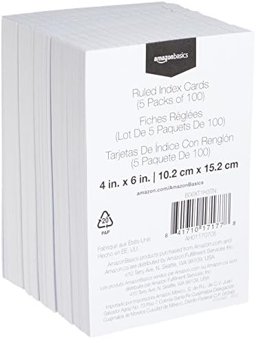 Amazon Basics Ruled Lined Index Cards for Notes, Studying, Flash Cards, White, 4" x 6", 100 Count (Pack of 60)