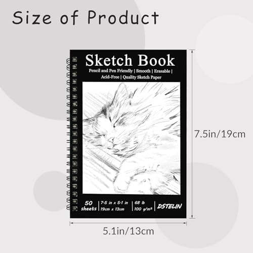 DSTELIN 2 Pack Spiral Bound Sketchbooks (100 GSM Sketch Paper), 50 Sheets per Pack, 7.5" x 5.1" Sketchbook with Black Hard Cover for Painting, Drawing and Sketching
