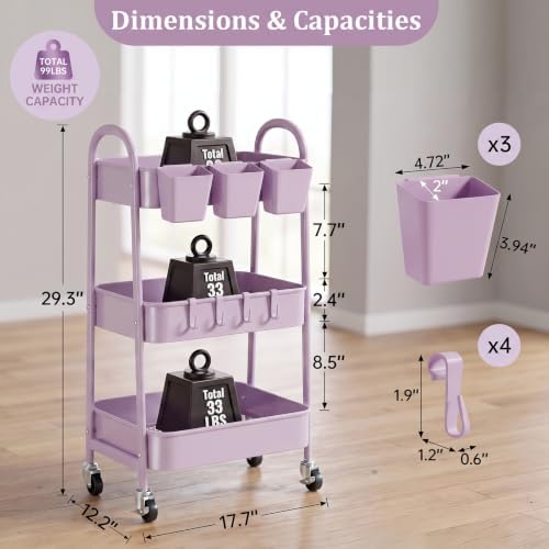 danpinera 3-Tier Rolling Cart, Utility Cart Mobile Metal Rolling Storage Cart with Lockable Wheels & Hanging Cups & Hooks for Kitchen, Bathroom, Office, Workshop, Purple